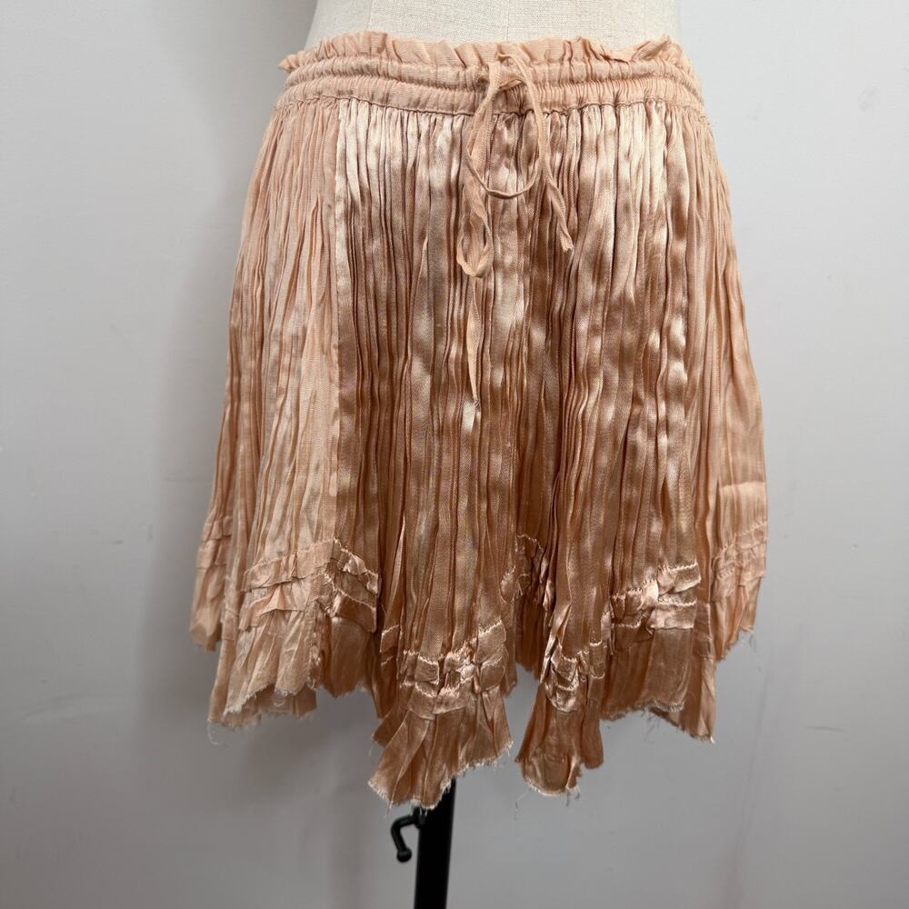 Free People Blush Pink Crinkle Pleated Satin Raw Hem Ribbon Fairy Mini Skirt S